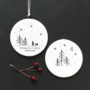 Flat Porcelain Bauble~Trees, walking in a winter wonderland