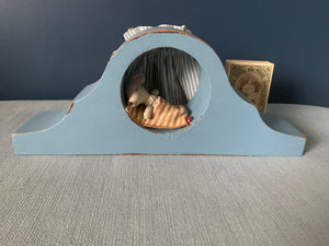 Small Clock Mouse House with sleepy/wakey mouse, Greek blue